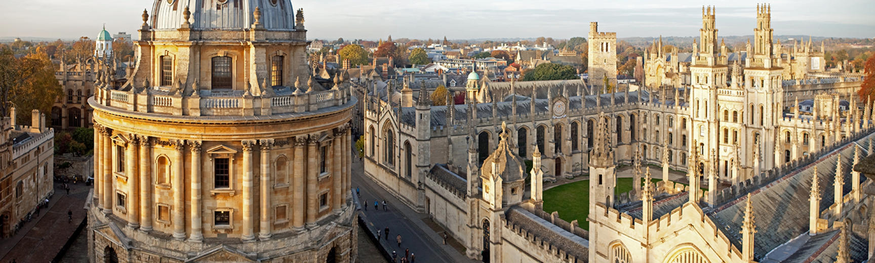 An aerial view of Oxford including the Radcliffe Camera and All Souls College
