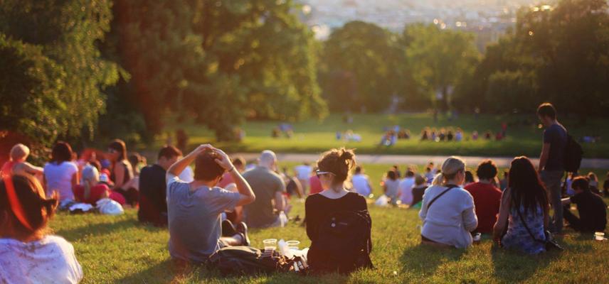 A crowd of people sit on a grassy hill in the sunshine