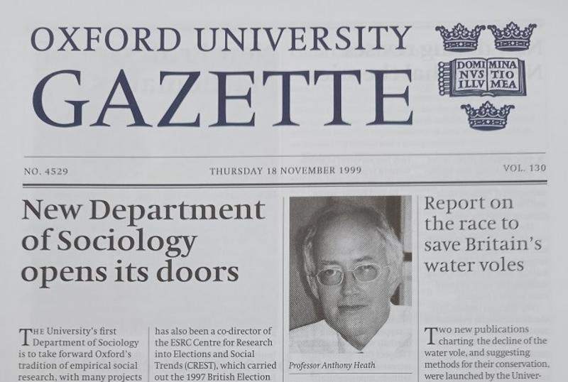 Image of Oxford University Gazette with headline "New Department of Sociology opens its doors"