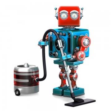 Red and blue robot with a vacuum cleaner