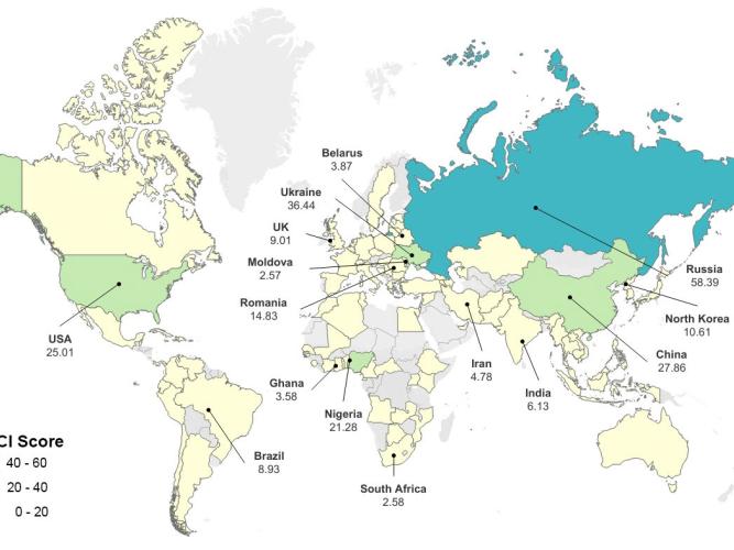 World map showing the World Cybercrime Index scores of certain countries 