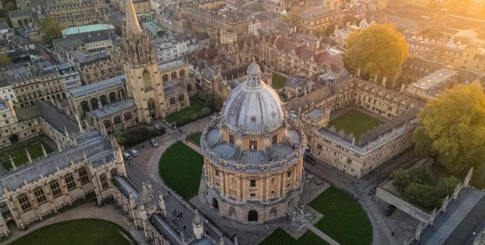 Aerial image of the Oxford skyline, focusing on the Radcliffe Camera 