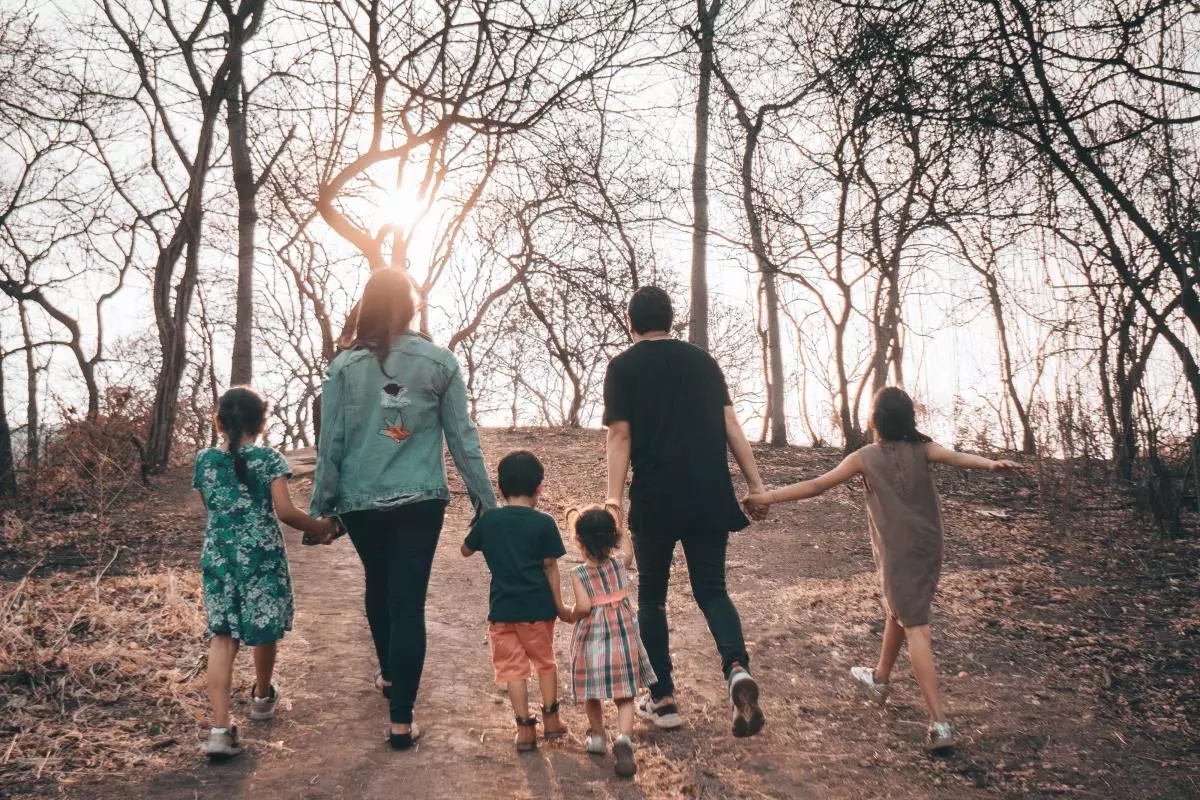 Family of six walks in the woodland at sunset