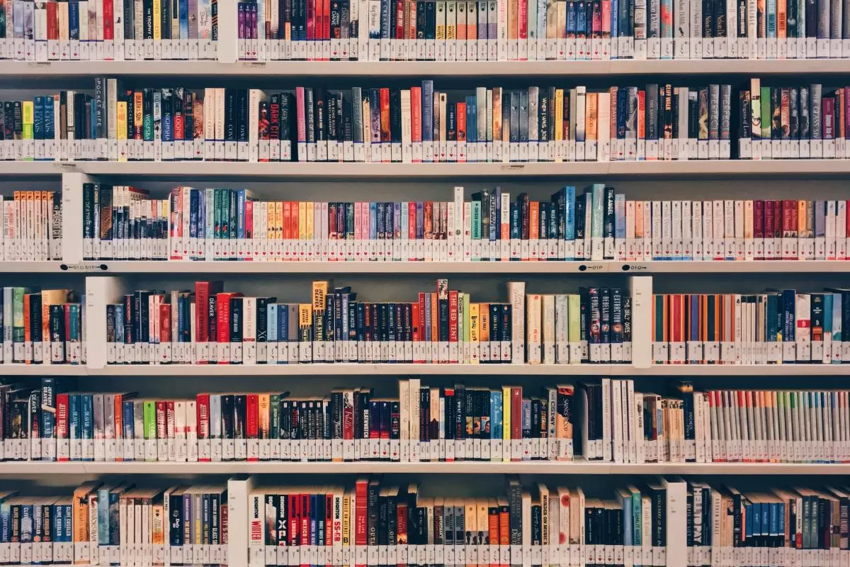 Rows of books on white bookshelves 
